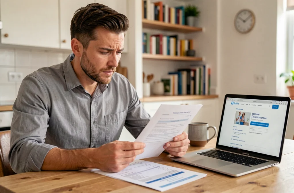 Homme consultant sa facture de composite dentaire et son remboursement mutuelle à domicile, représentant le reste à charge zéro en dentaire en 2026